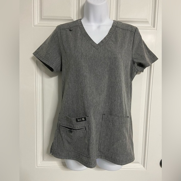 KOI BASIC Gray Stretch V-Neck Scrub Top - Picture 1 of 7